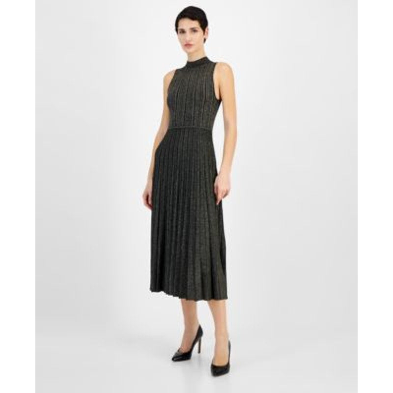 T Tahari Women's Metallic Mock-Neck Pleated Midi Dress in Black & Gold Lurex