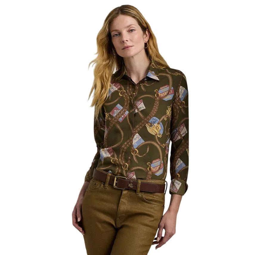 Lauren Ralph Lauren Women's Travel Printed Shirt in Farm Olive Green, Size PXS
