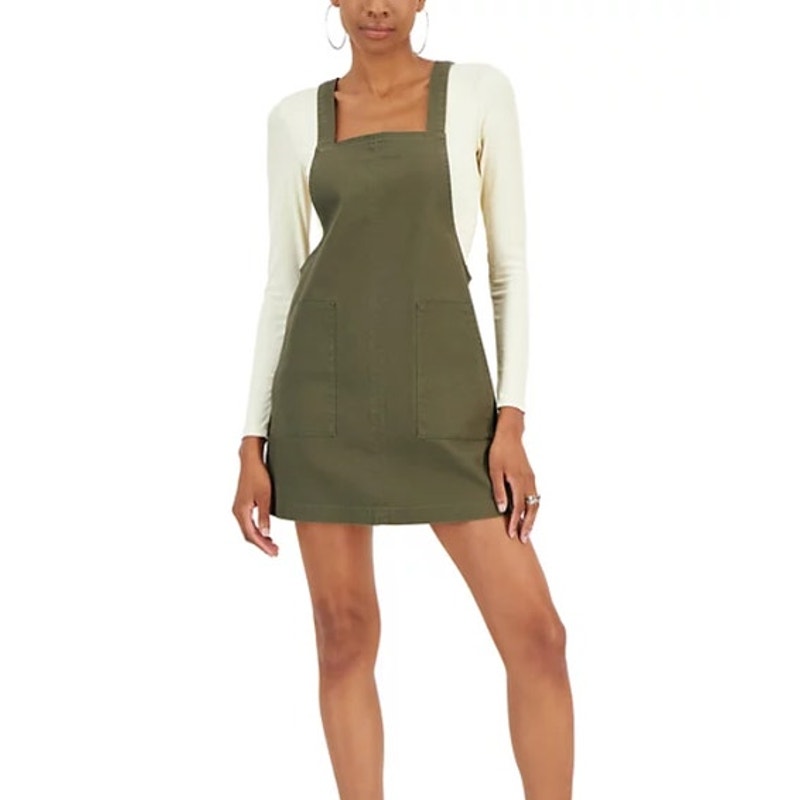 Tinseltown Juniors Denim Pullover Pinafore Overall Dress in Olive Green