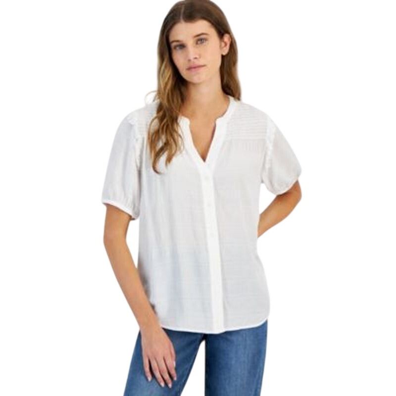 Tommy Hilfiger Women's Smocked Textured Blouse in Bright White