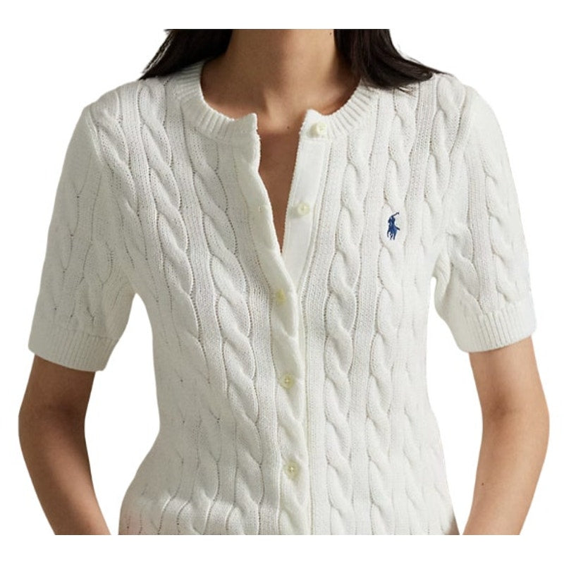 Polo Ralph Lauren Women's Cable Knit Cotton Short Sleeve Cardigan in White, L