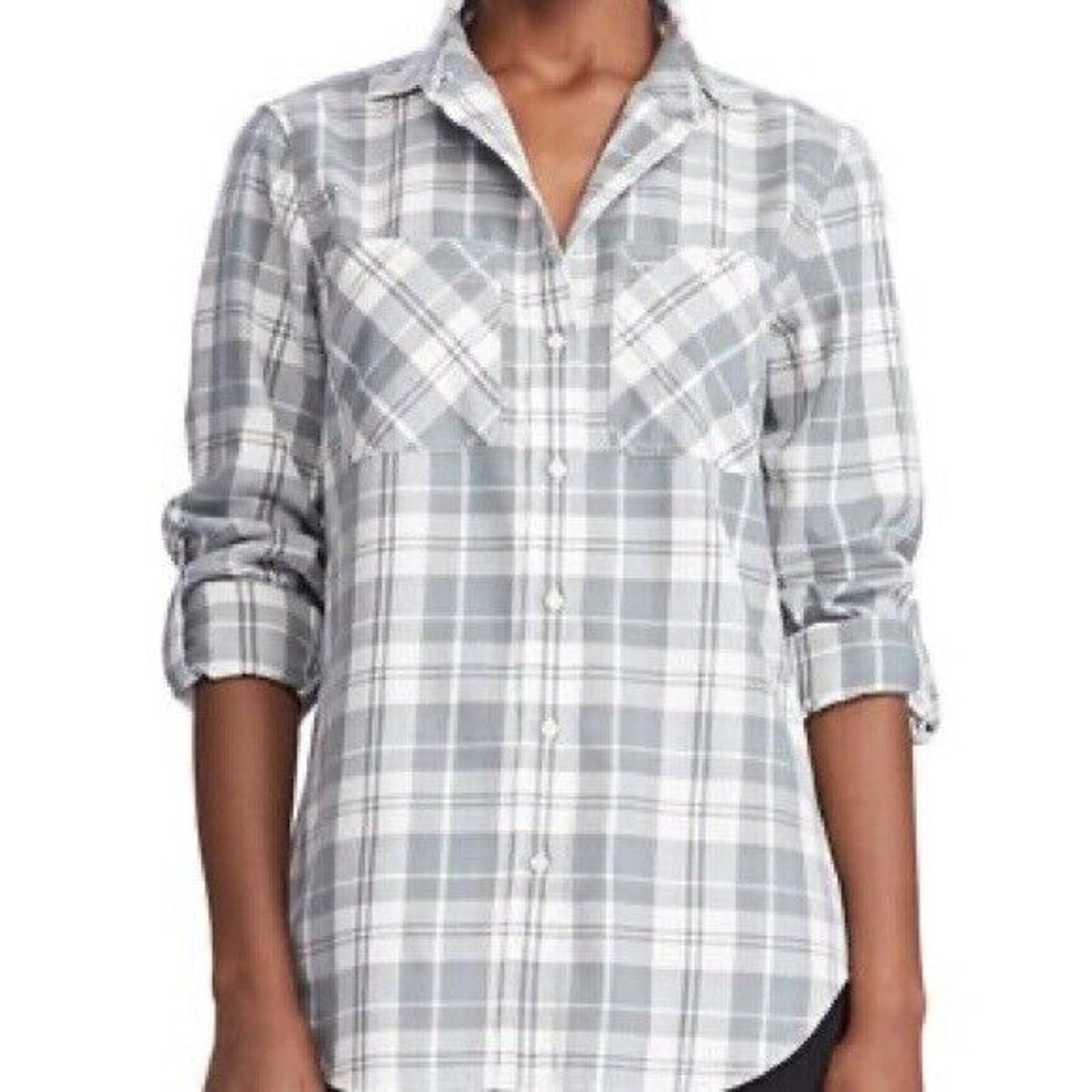 Ralph Lauren Gray & White "Rimnan" Plaid Button Front Shirt, Size Small
