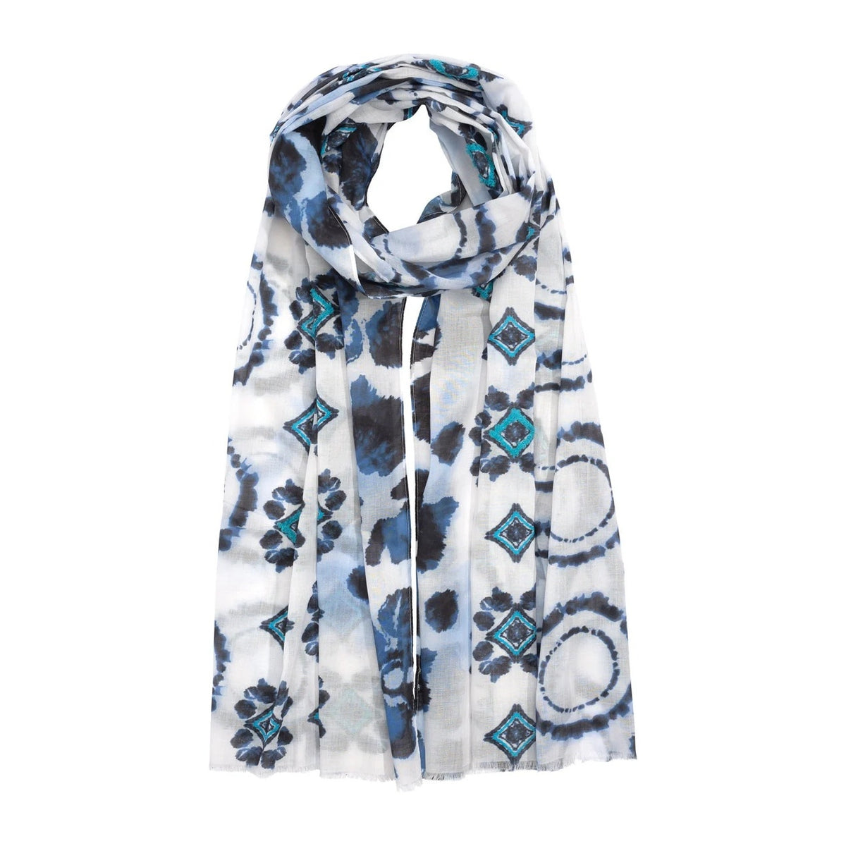 Echo Batik Patch Scarf Wrap White and Blue Print