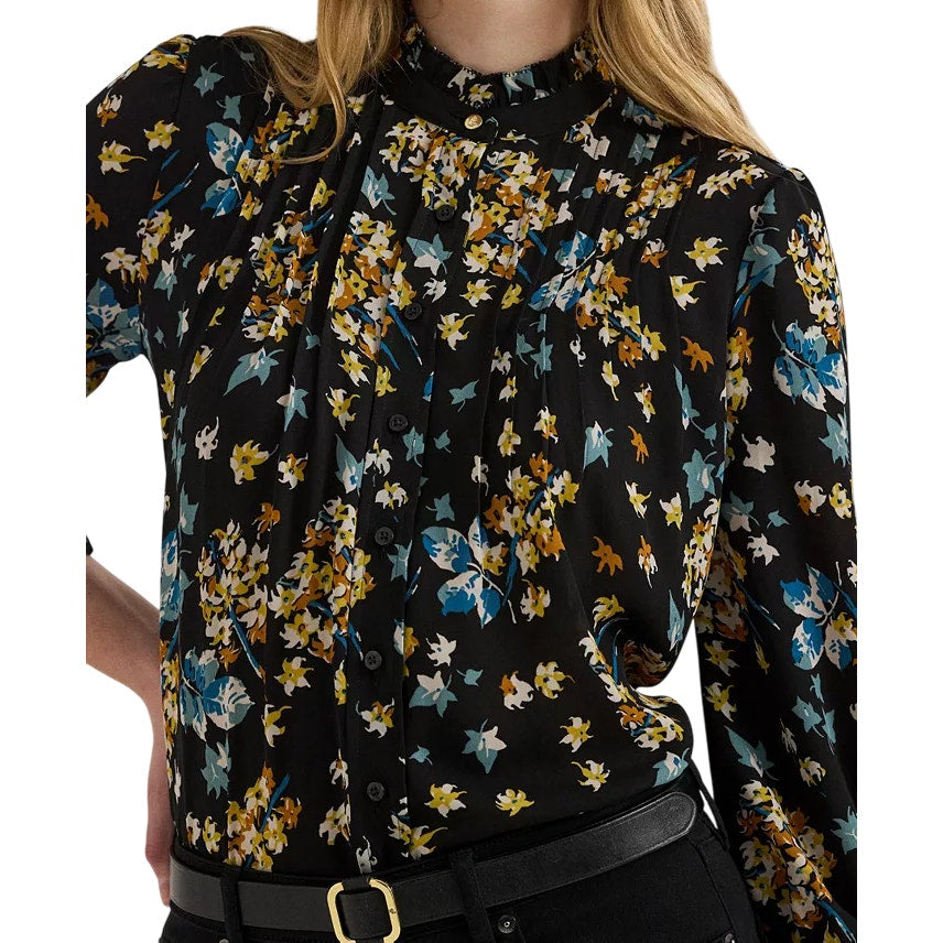 Lauren Ralph Lauren Women's Ruffled Floral Shirt in Black, Yellow & Blue, XL