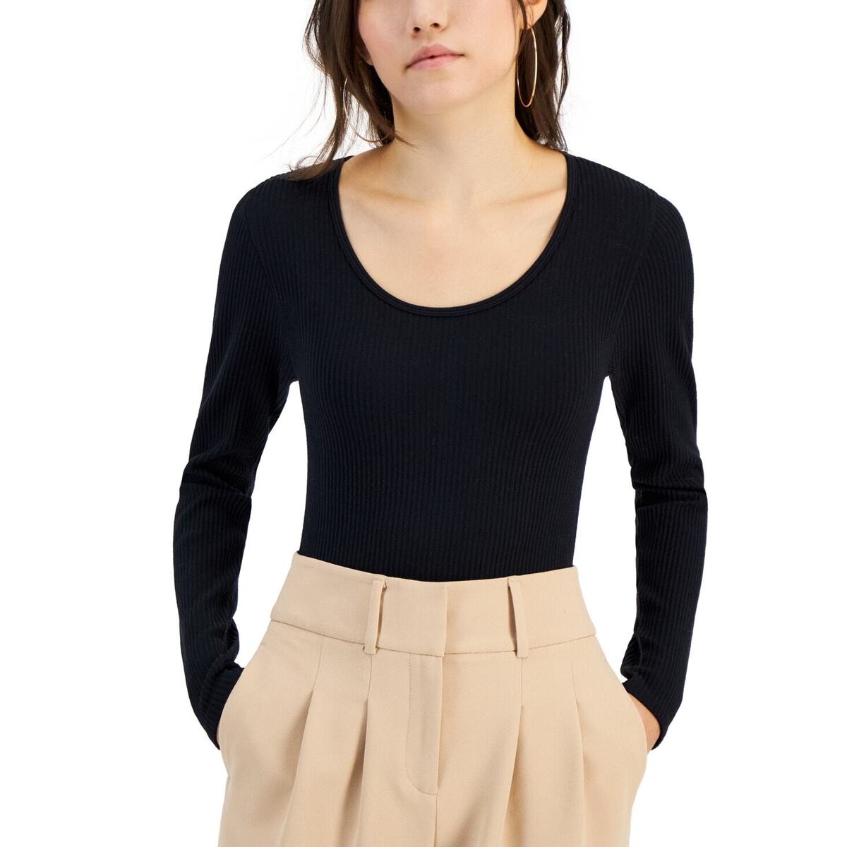Hippie Rose Juniors Scoop Neck Long Sleeve Ribbed Bodysuit in Black