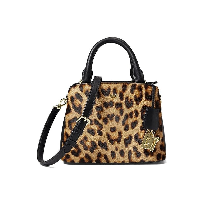 DKNY Brown & Black Leopard Print Haircalf Satchel Bag, Gold Hardware