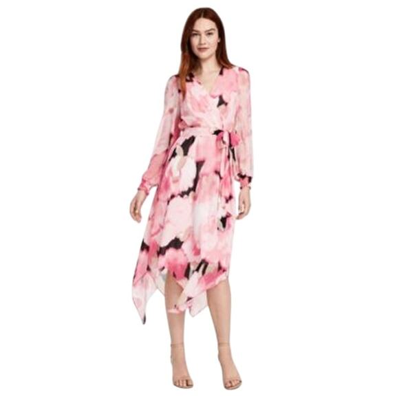 Anne Klein Women's Printed Smocked-Cuff Midi Dress in Peony Pink