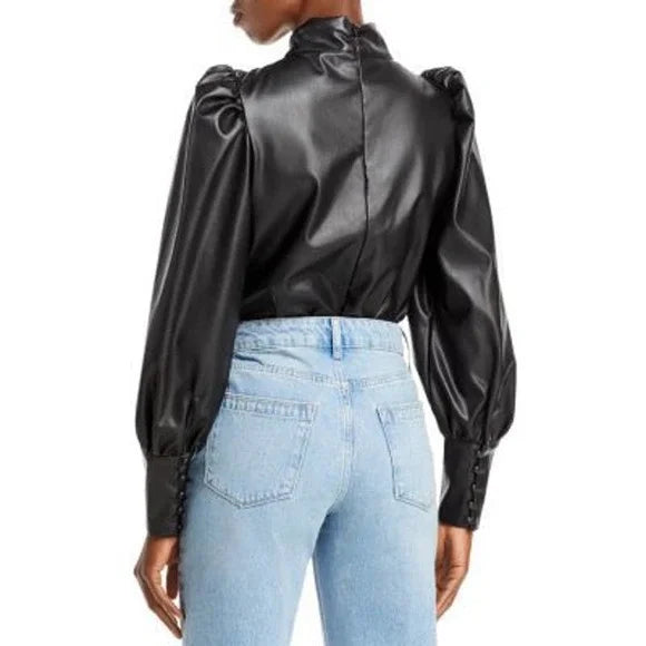 AQUA Women's Faux Leather Puff Sleeve Blouse