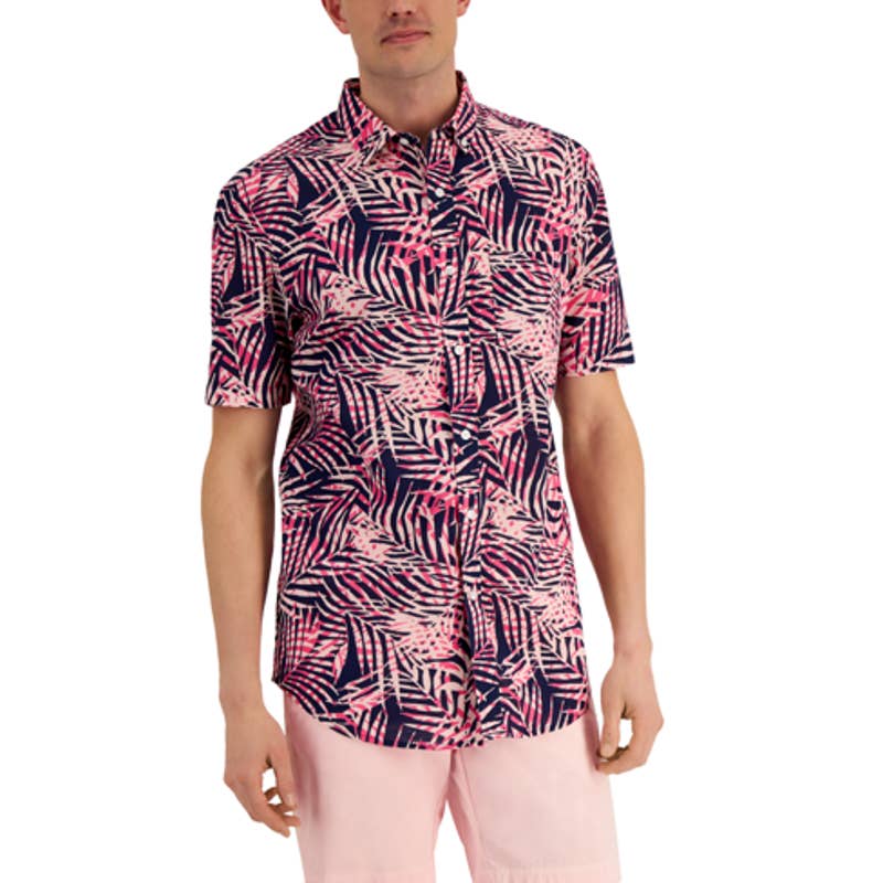 Club Room Men's Navy Blue & Pink Palm Leaf Print Button Down Shirt