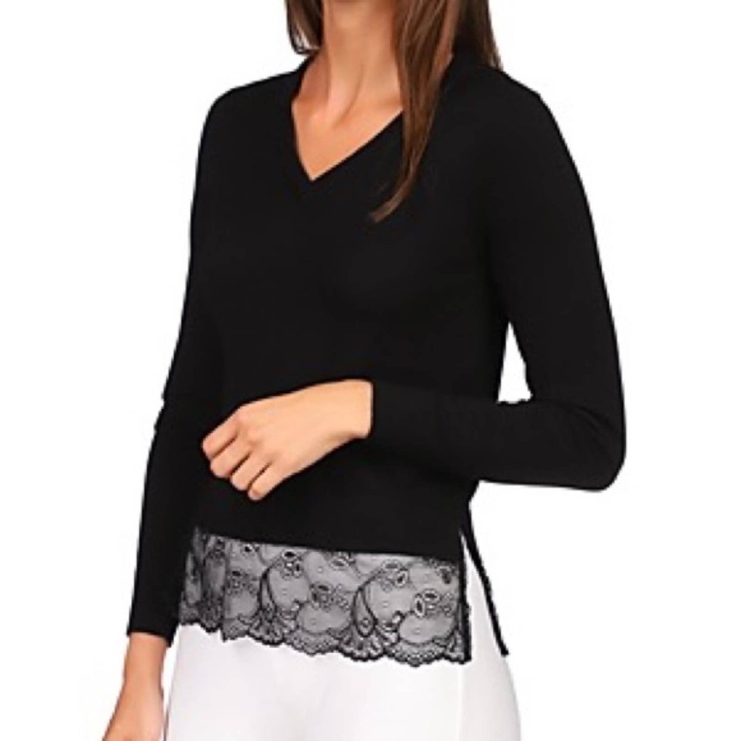 Michael Kors Black Knit Sweater w/ Ribbed Cuffs & Hem, Lace Accents on Hem