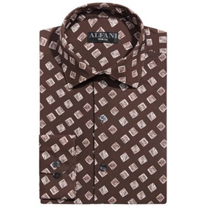 ALFANI Men's Slim Fit Non-Iron 4 Way Stretch Button Up, Brown & White