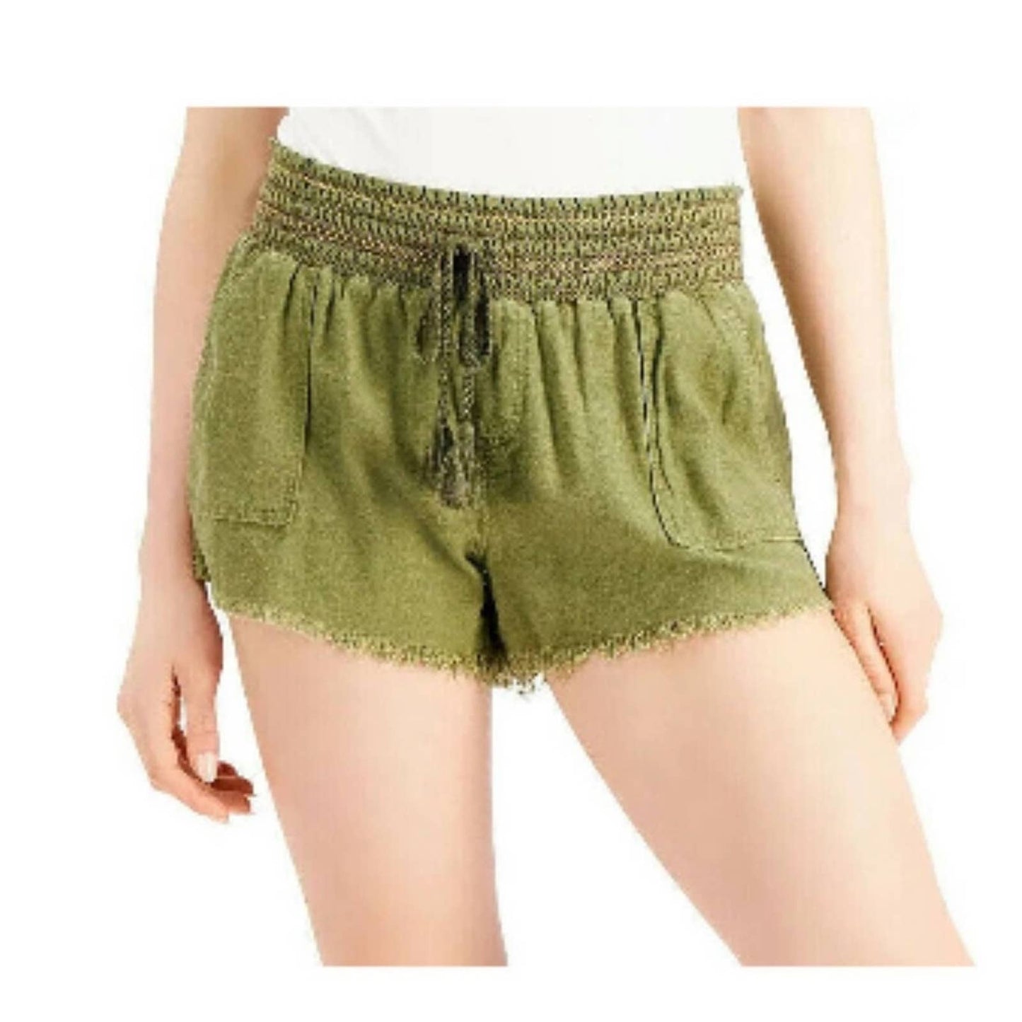 Rewash Beach Shorts, Army Green w/ Elastic Smocked Waist & Raw Fringe Hem