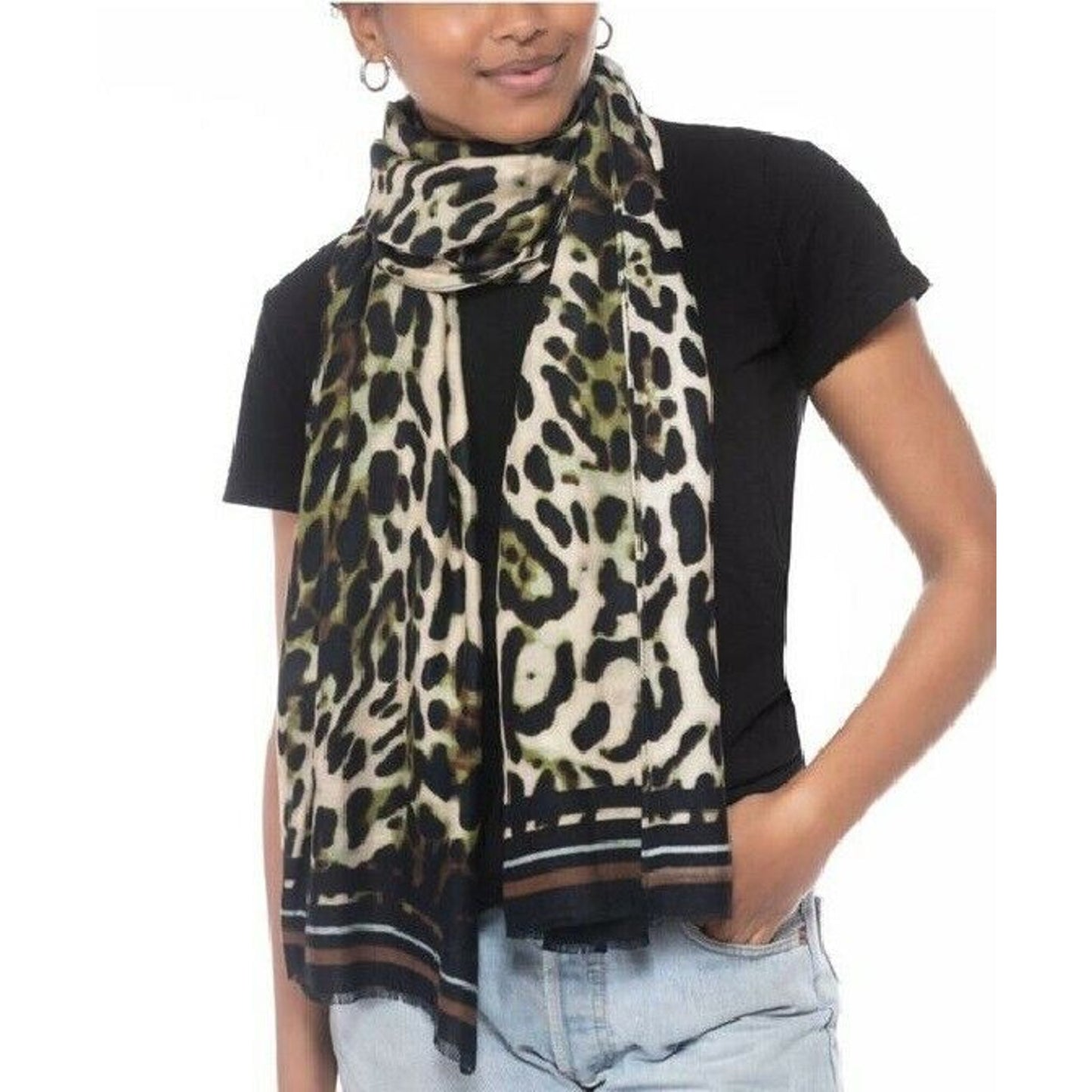 INC INTERNATIONAL CONCEPTS INC Striped Leopard-Print Wrap Pashmina, Olive