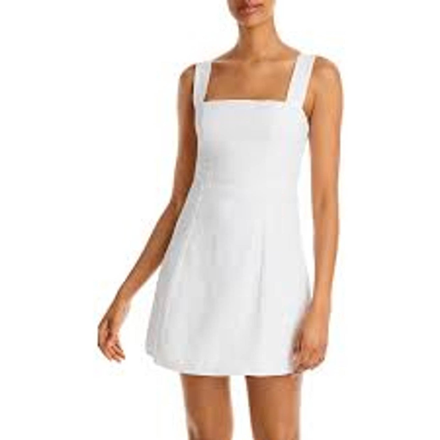 AQUA Ladies White Linen Square Neck Mini Dress, Sleeveless