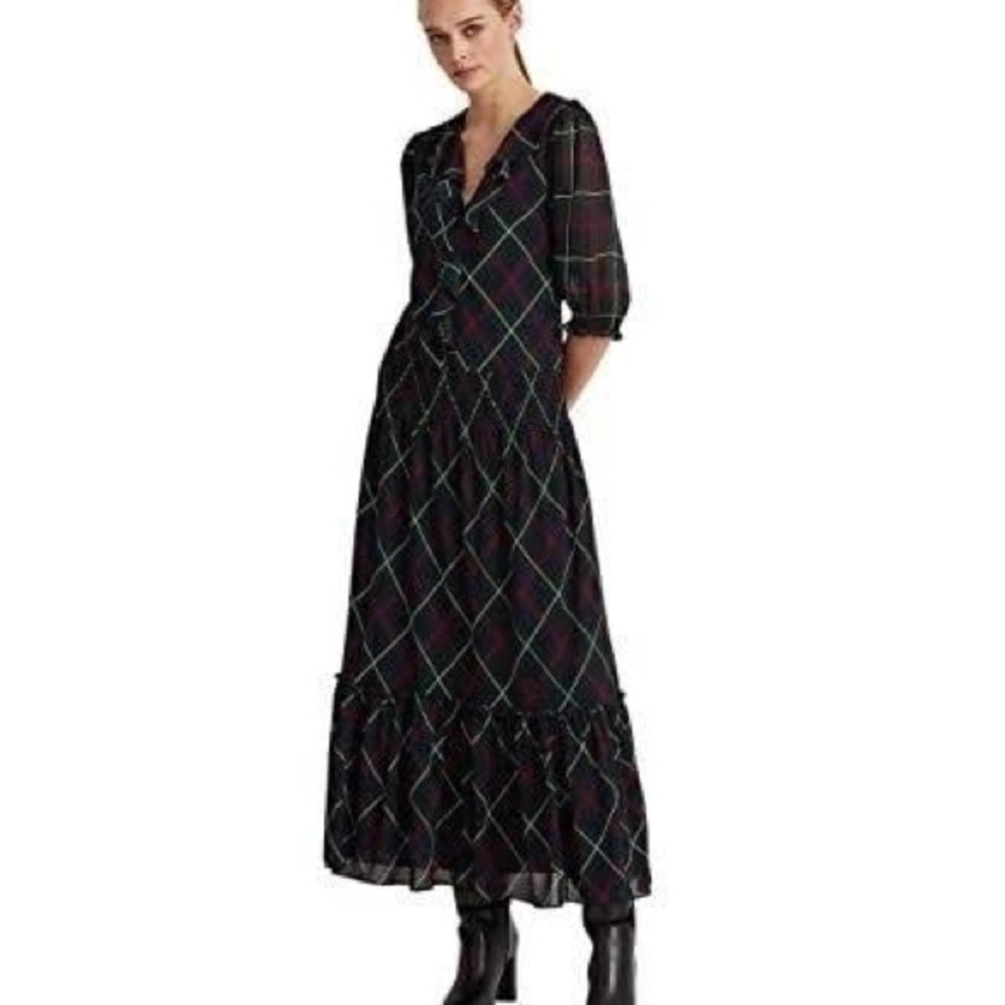 Lauren Ralph Lauren Green & Navy Blue Plaid Smock Dress, Ruffle Accents