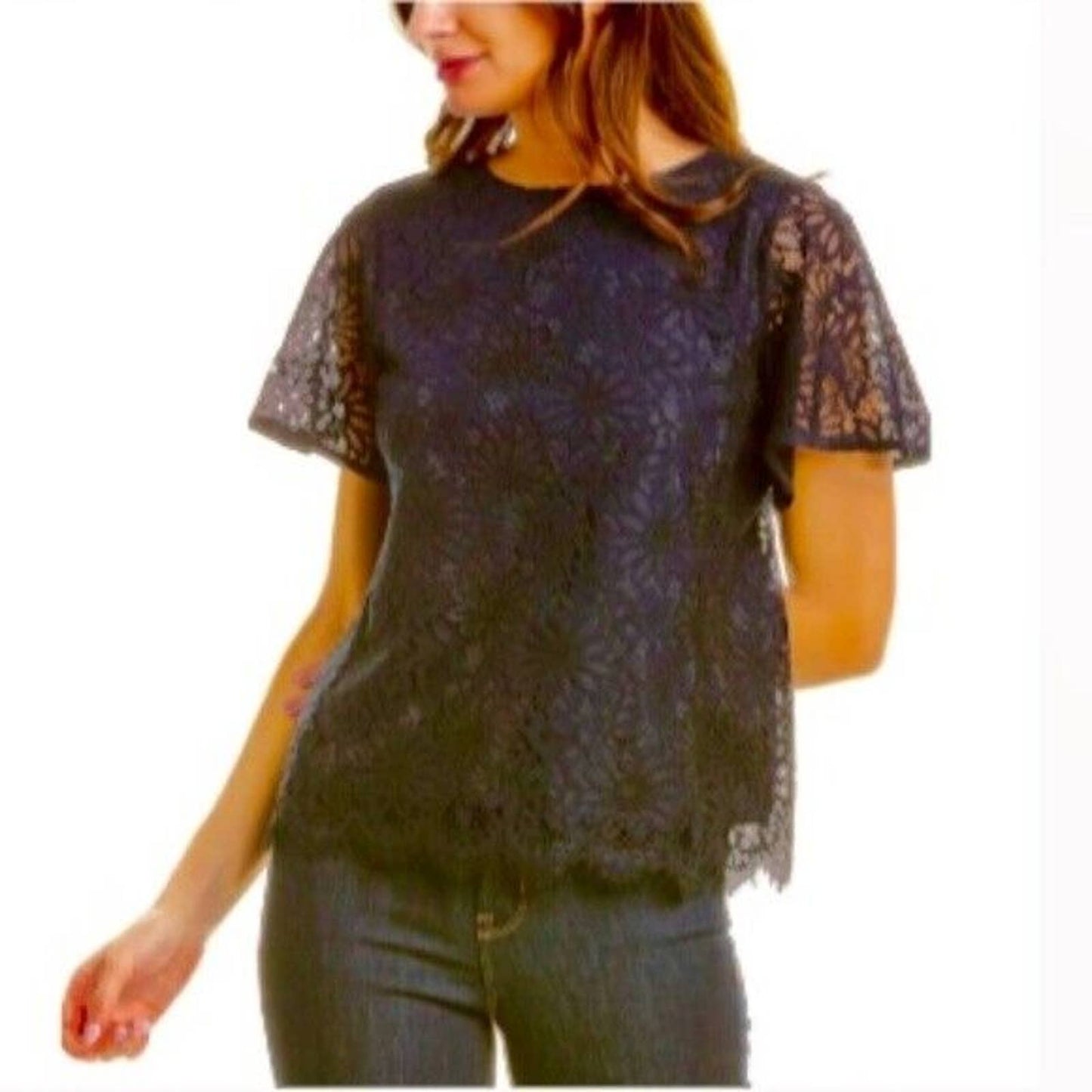 NANETTE LEPORE LADIES SCALLOPED LACE BLOUSE, LINED, DARK NAVY