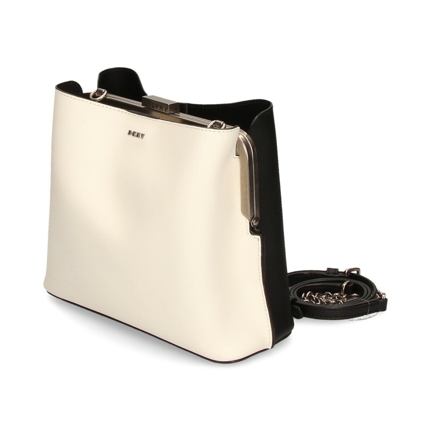 DKNY FARRAH LEATHER BUCKET BAG, WHITE FRONT BLACK BACK SNAP CLOSURE