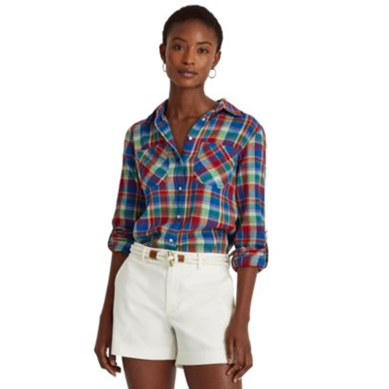 Lauren Ralph Lauren Women's Blue & Red Plaid Button Up Top, Size Petite Small