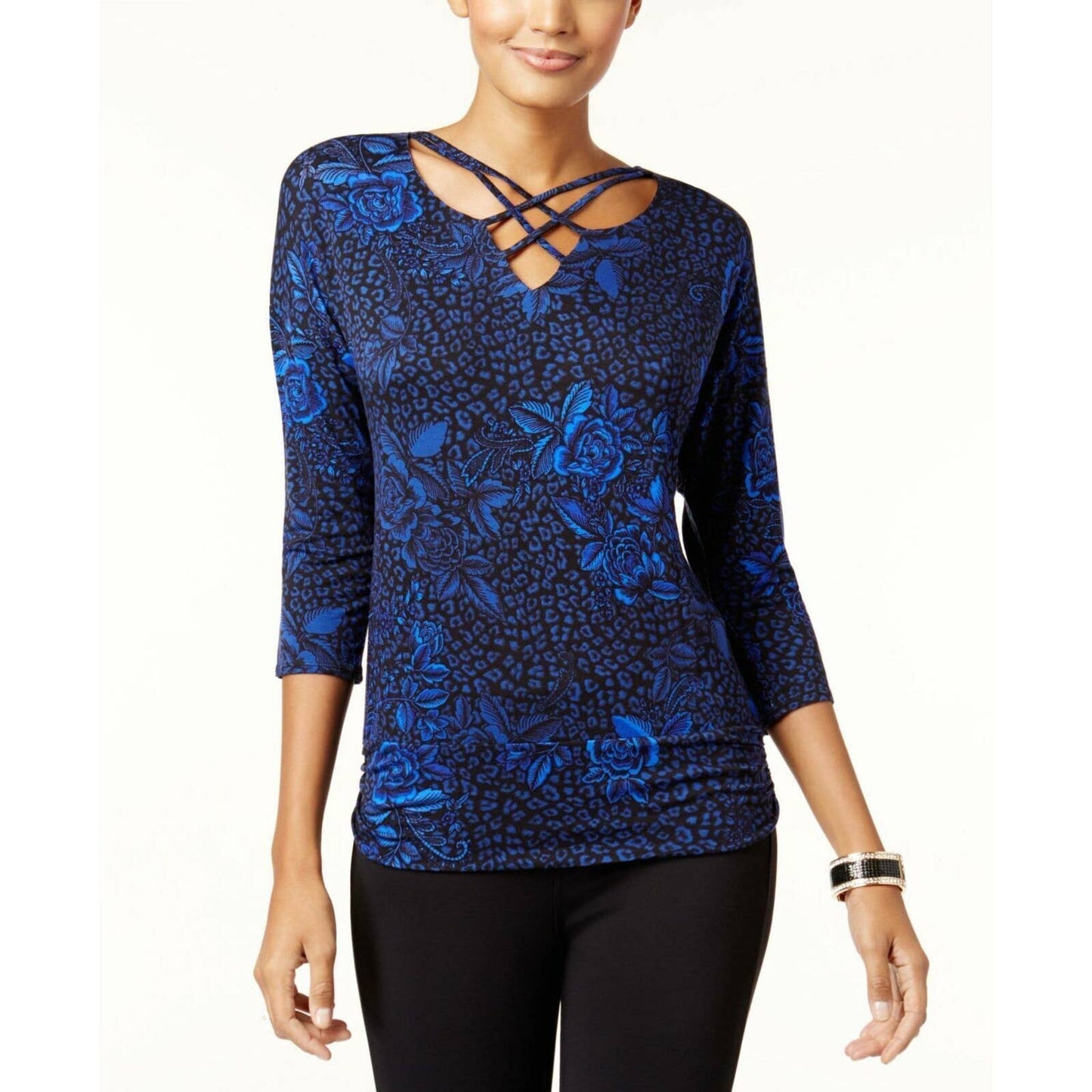 THALIA SODI LADIES STRAPPY PULLOVER BLOUSE TUNIC, DEEP BLACK BLUE