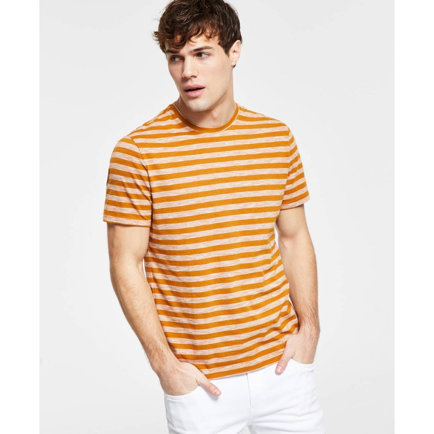 INC International Concepts Men's Striped Slbu Tee Shirt, Cathay Spice Brown