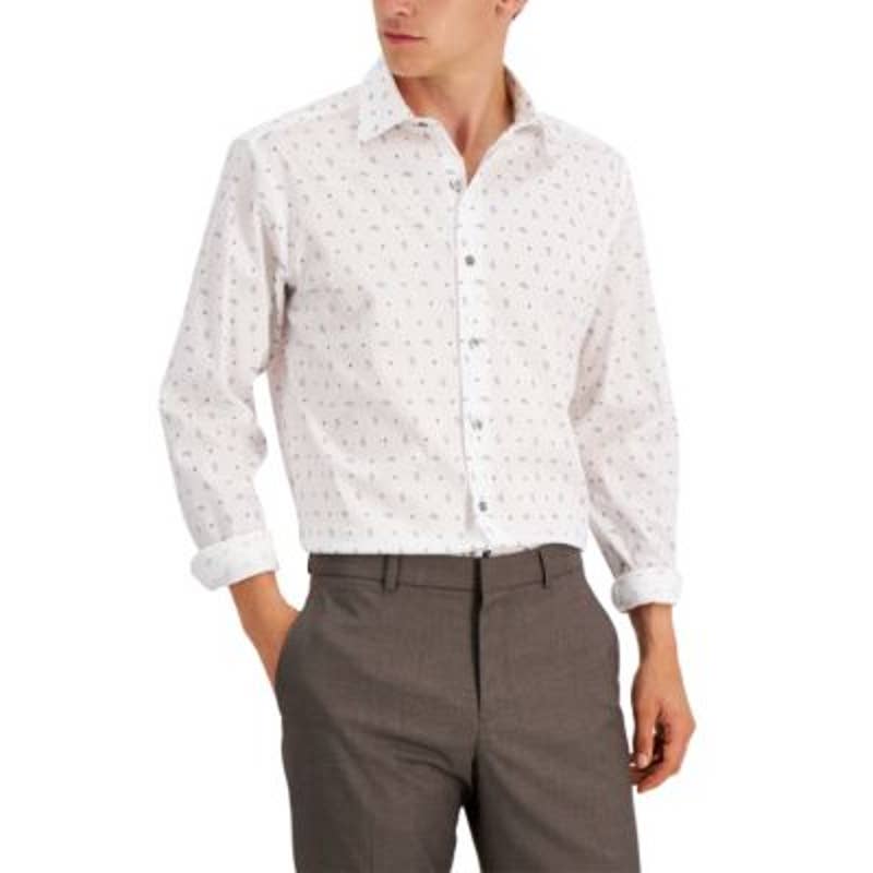 ALFANI Men's White & Light Blue Paisley Print Button Up Dress Shirt