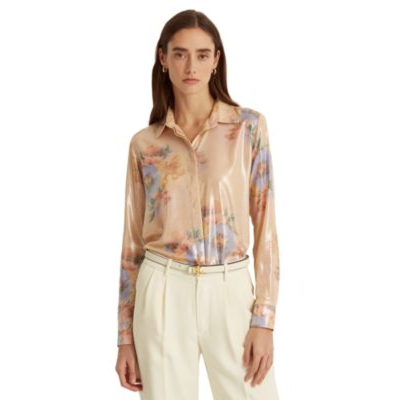 Lauren Ralph Lauren Women's Blushsage Multi-Color Crepe Long Sleeve Shirt, XS