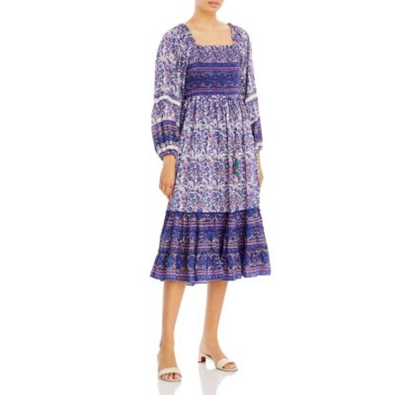 BELL Ladies Purple Floral Print Smocked Midi Dress, "Millie", Long Sleeve