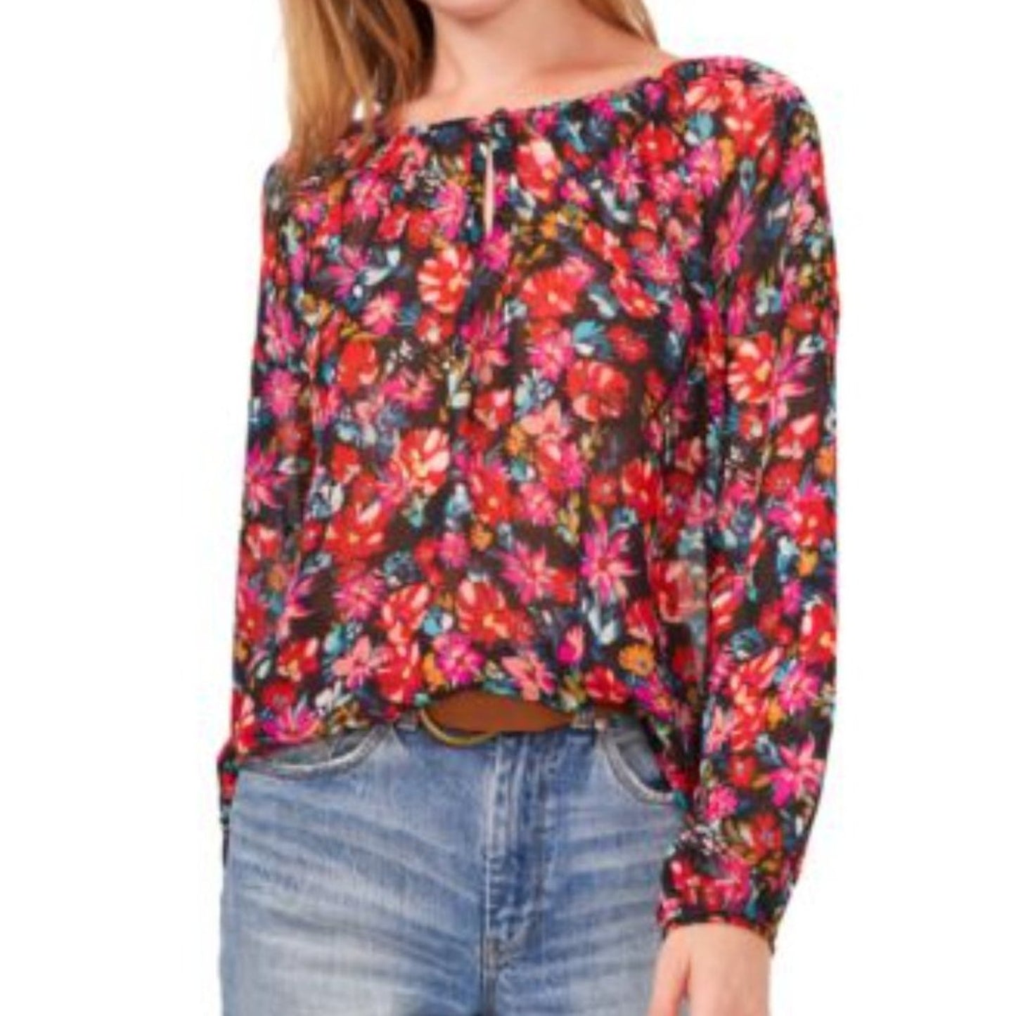 Vince Camuto Black & Red Floral Print Blouse, Long Sleeve, Keyhole Accent