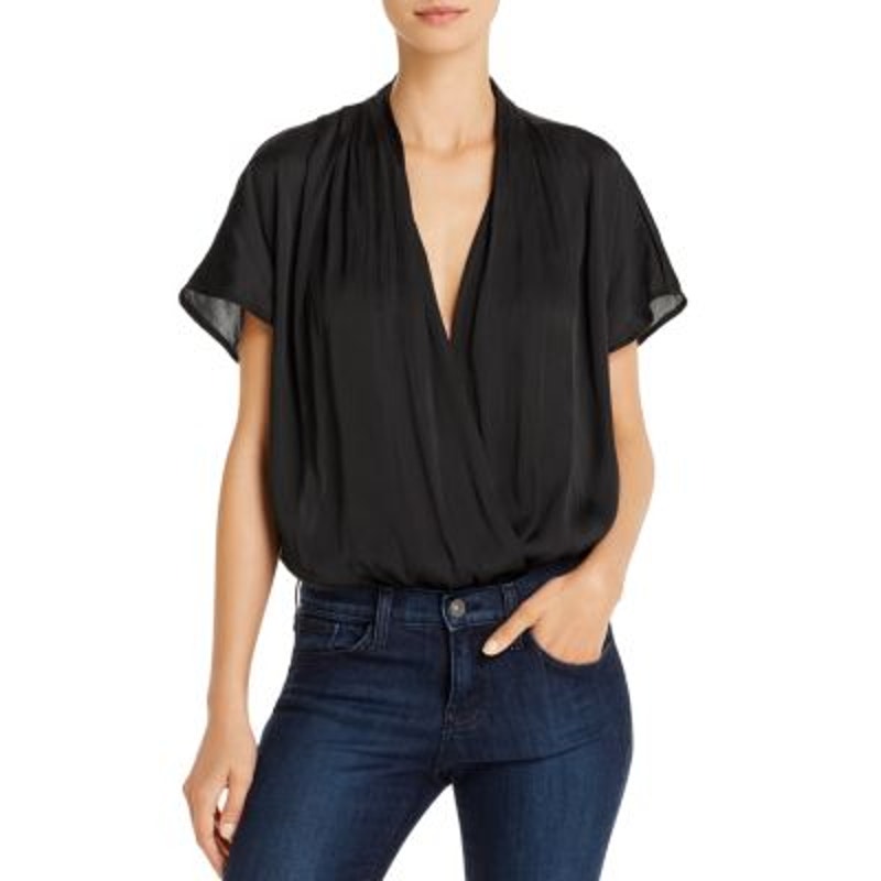 PAIGE Women's Black "Dijon" Wrap Front Bodysuit, Short Sleeves