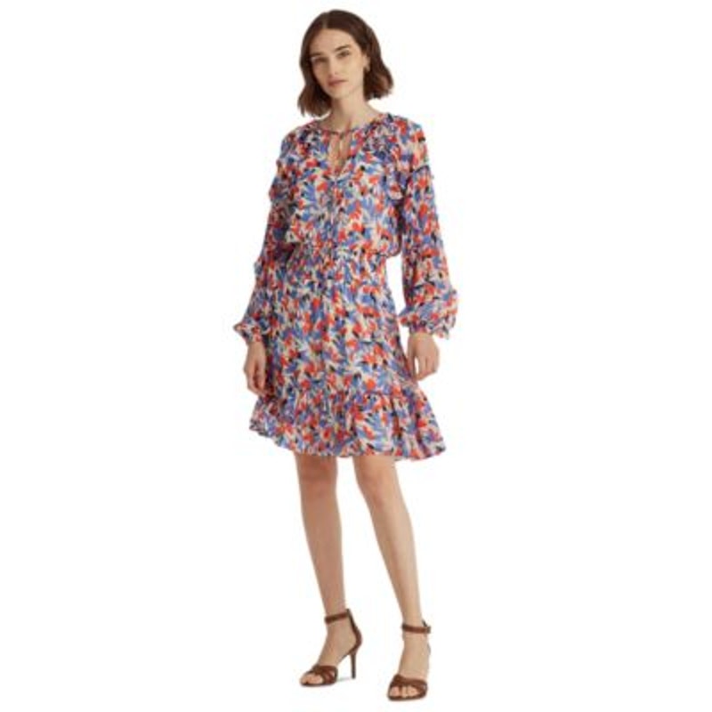 Lauren Ralph Lauren Women's Blue & Orange Crinkled Floral Dress, Size 4