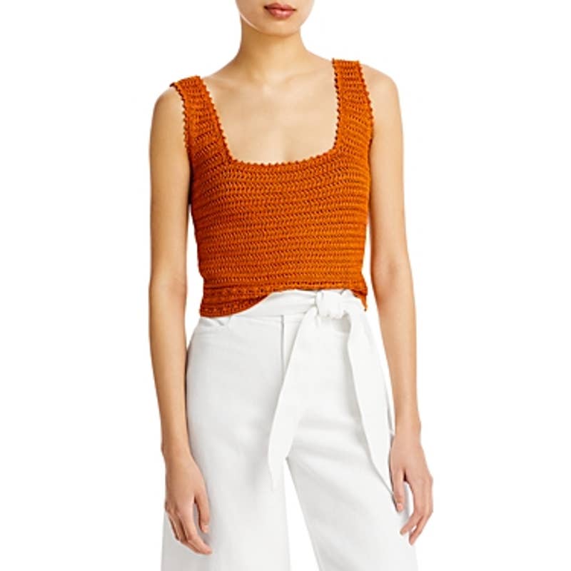 VINCE Ladies Orange Crochet Square Neck Cropped Tank Top