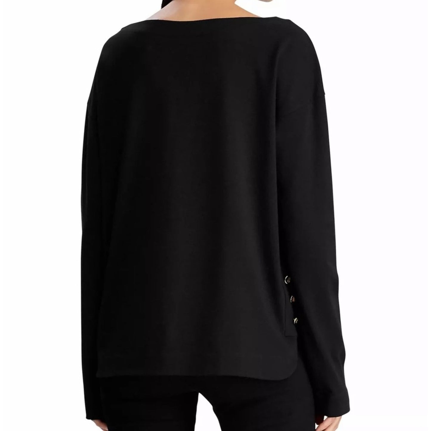 Ralph Lauren Black Long Sleeve "Atif" Boatneck Top w/ Gold Button Accents