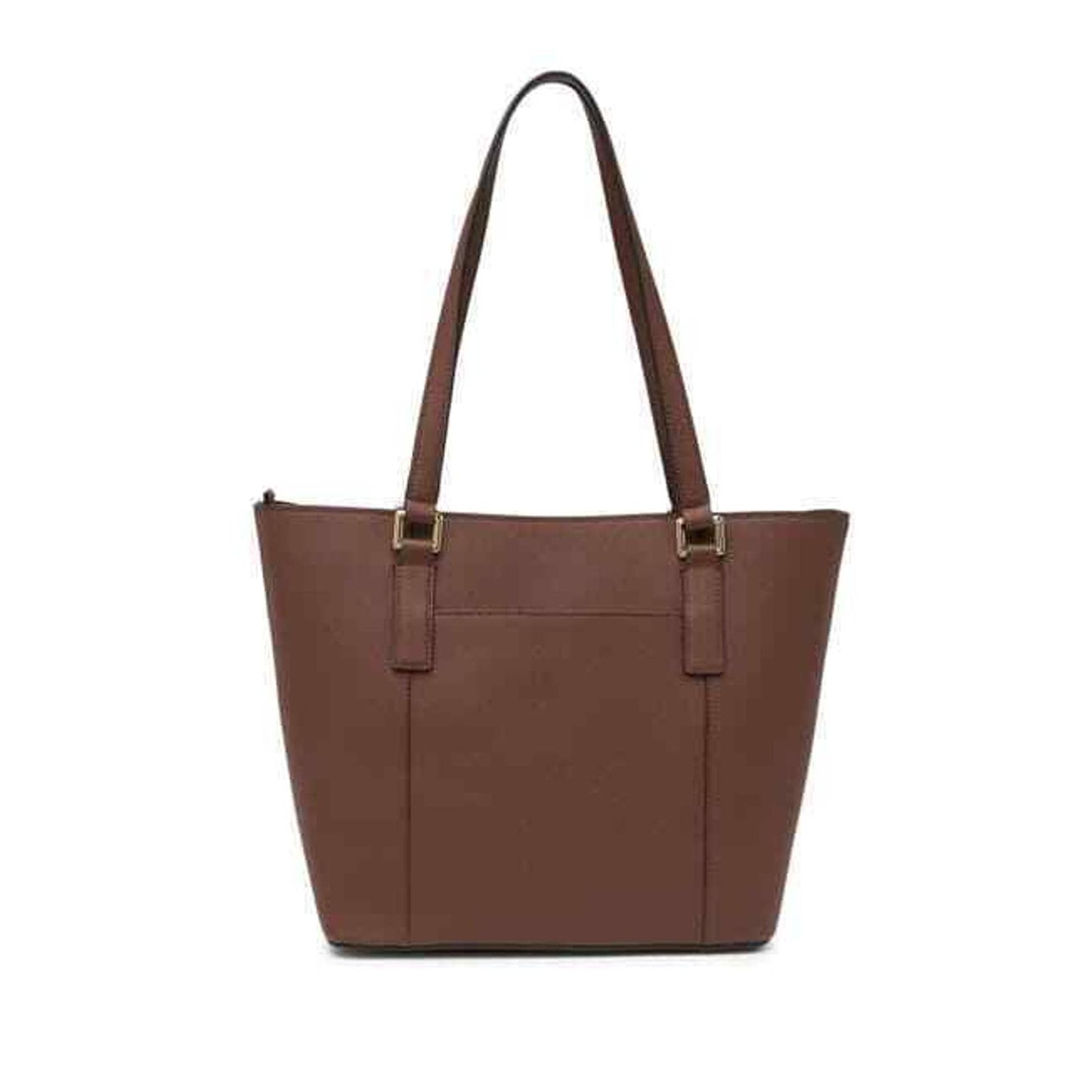 CALVIN KLEIN KEY SAFFIANO LEATHER TOTE DOUBLE STRAP, WALNUT GOLD