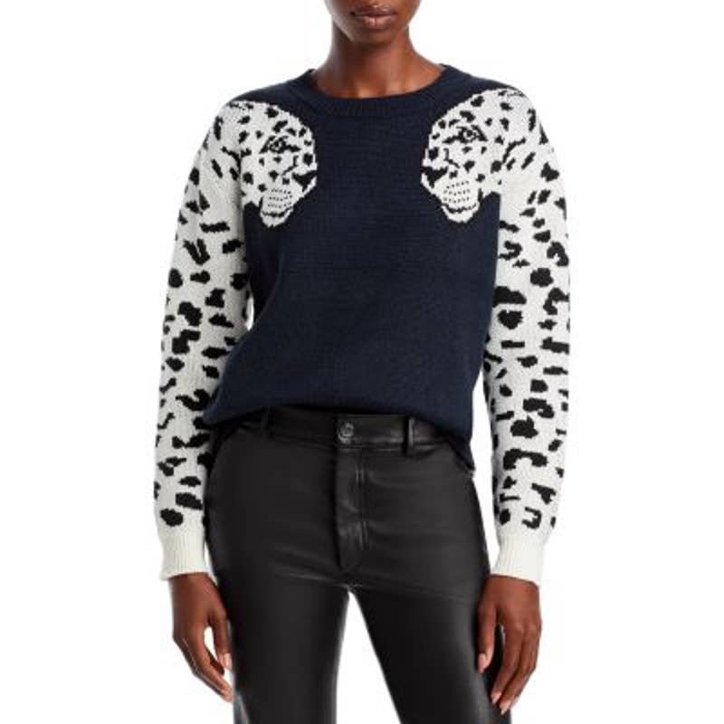 AQUA Ladies Black & White Double Leopard Sleeve Crewneck Sweater
