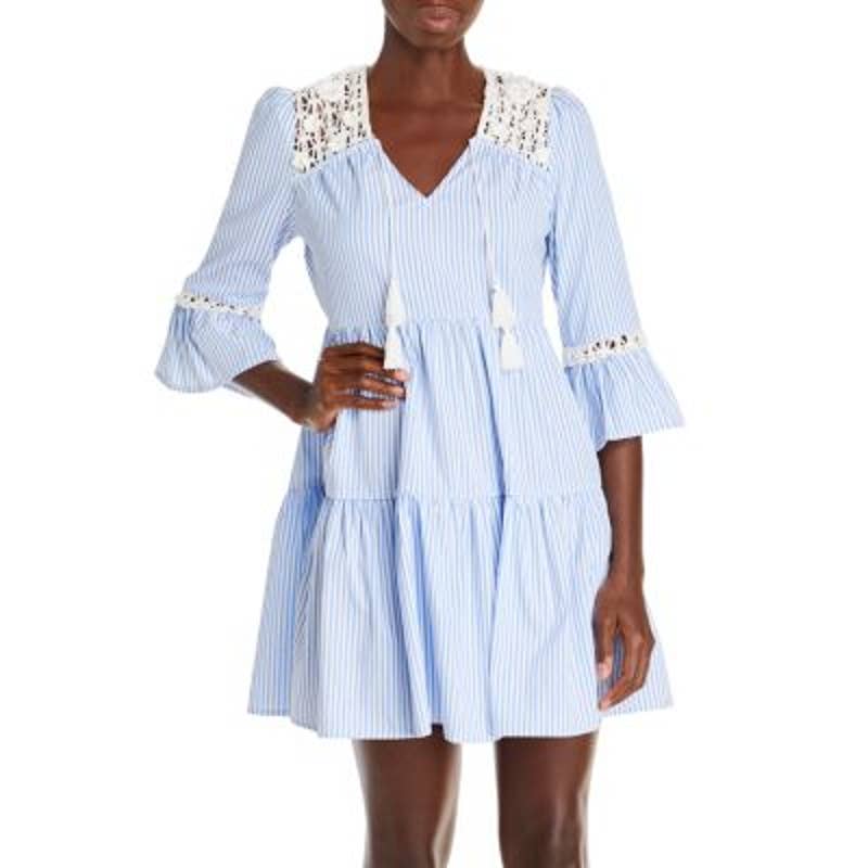 AQUA Ladies Blue & White Striped Mini Dress w/ Cream Crochet & Tassel Accents