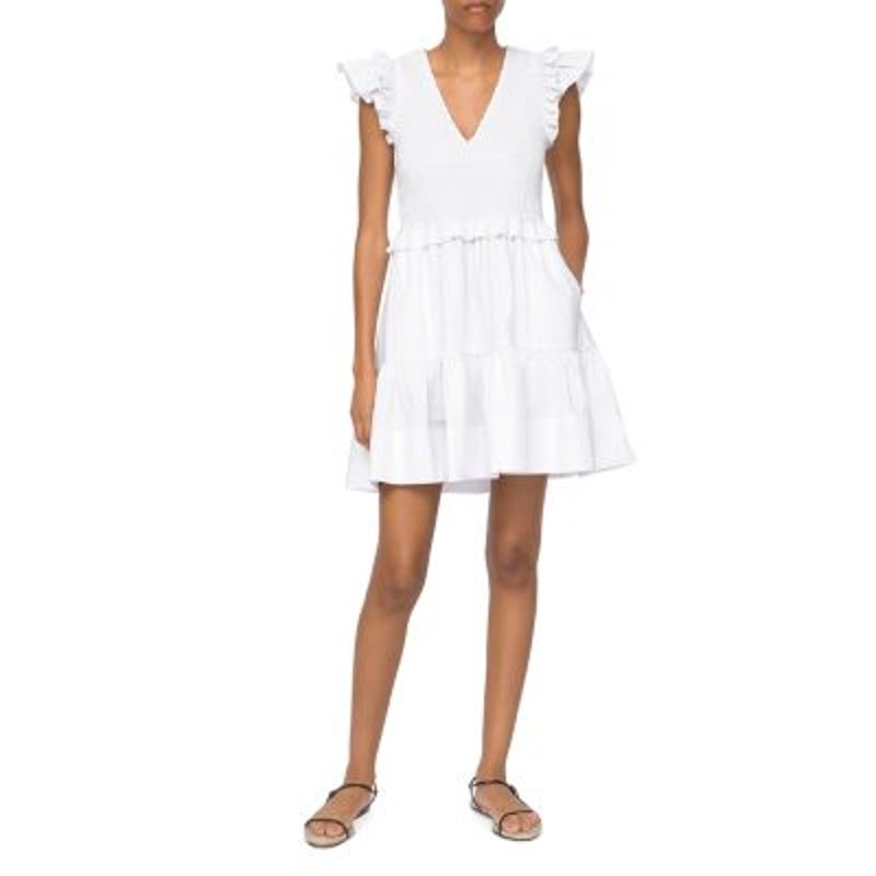 SEA Ladies White "Pheobe" Flutter Sleeve Smocked Mini Dress, Size 0