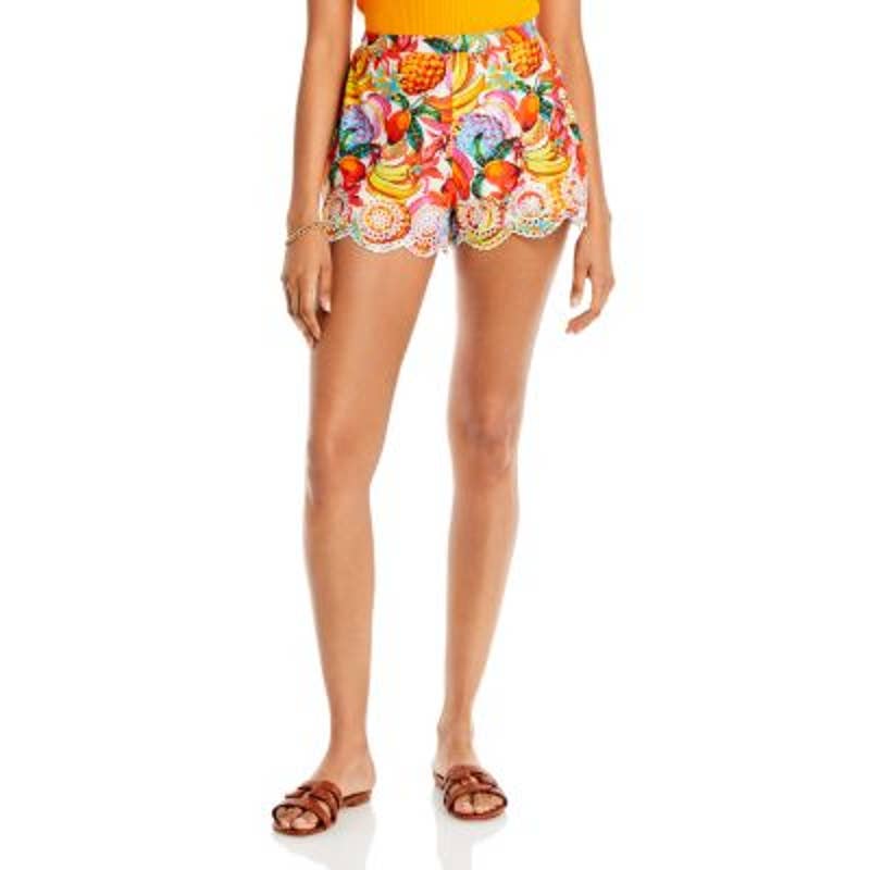 AQUA Ladies Bright Orange Fruit Print Shorts, Eyelet Accents, Scalloped Hem