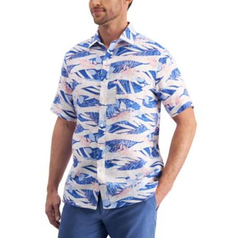 Club Room Men's Linen Fern Camo Print Button Down, Blue & White