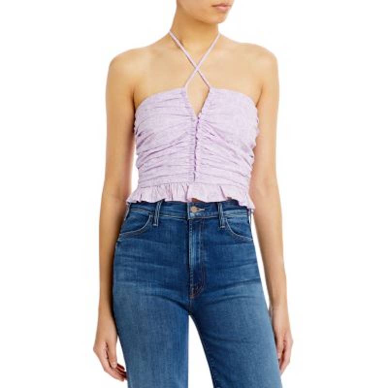 WAYF Ladies Purple & White Floral Print "Riviera" Rouched Halter Top