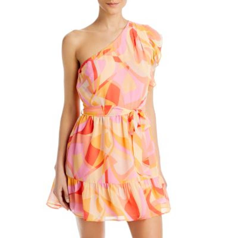 AQUA Ladies Abstract One Shoulder Ruffle Dress, Orange & Pink