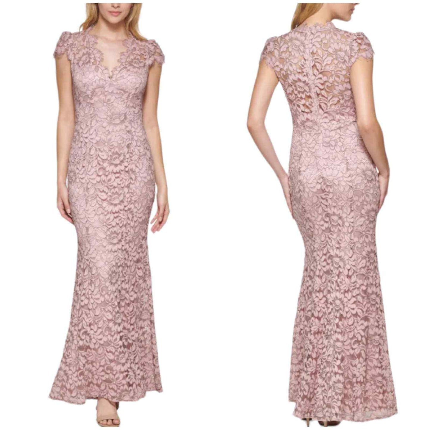 Eliza J Ladies Dusty Pink Foral Print Lace Overlay Gown