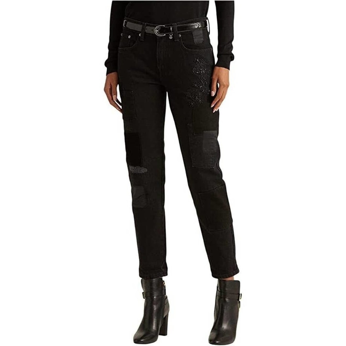Lauren Ralph Lauren Patchwork Relaxed Tapered Jean Black Wash, Size 10