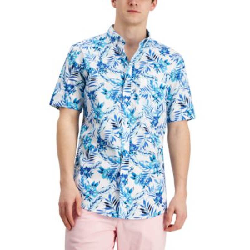 Club Room Men's Bright White & Blue Floral Print Button Down Shirt