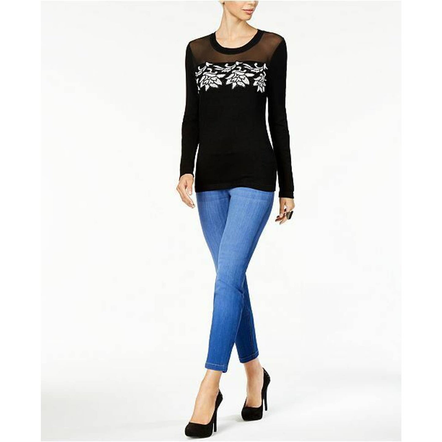 THALIA SODI LADIES FLORAL TONE ON TONE SALVADOR DETAIL BLOUSE, BLACK