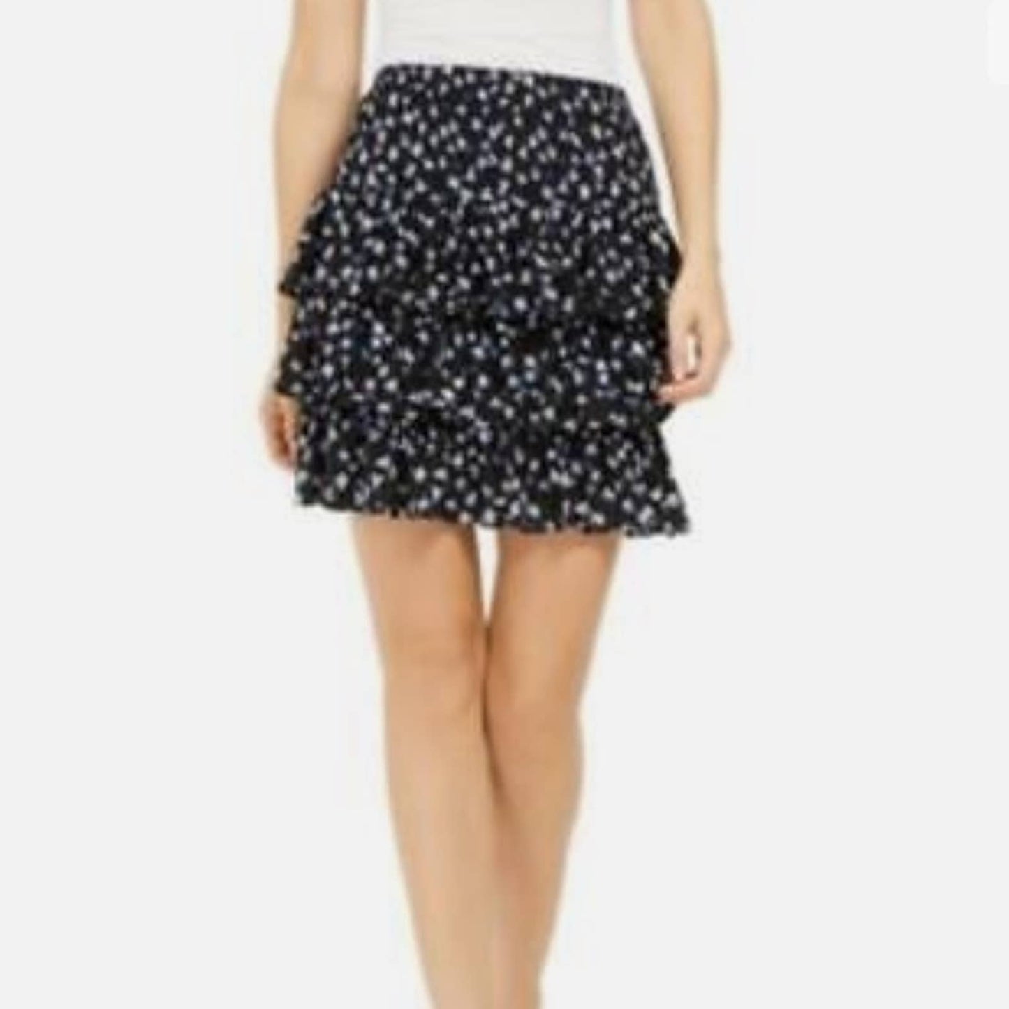 Michael Kors Navy Jersey Tier Skirt w/ Blue & White Floral Pattern