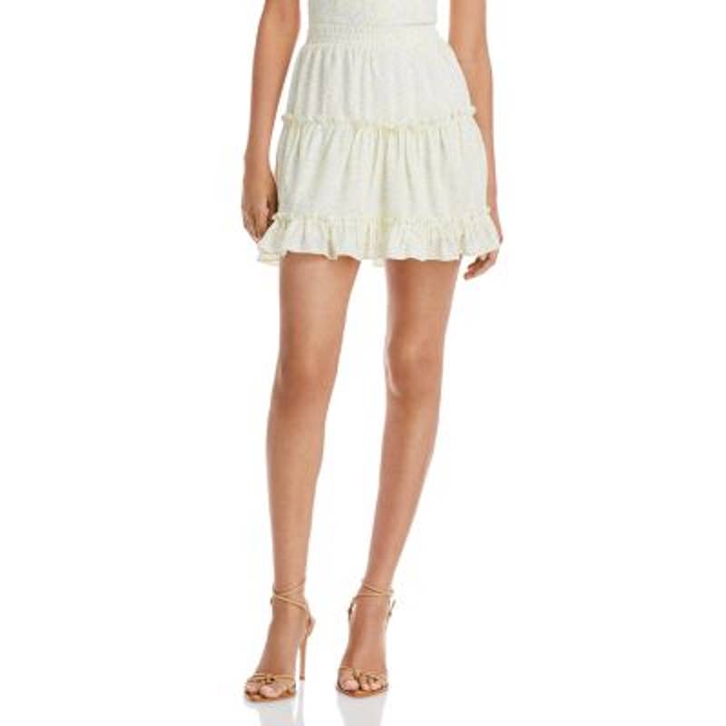 AQUA Ladies Ruffle Tiered Mini Skirt, White, Yellow, & Green Floral Print