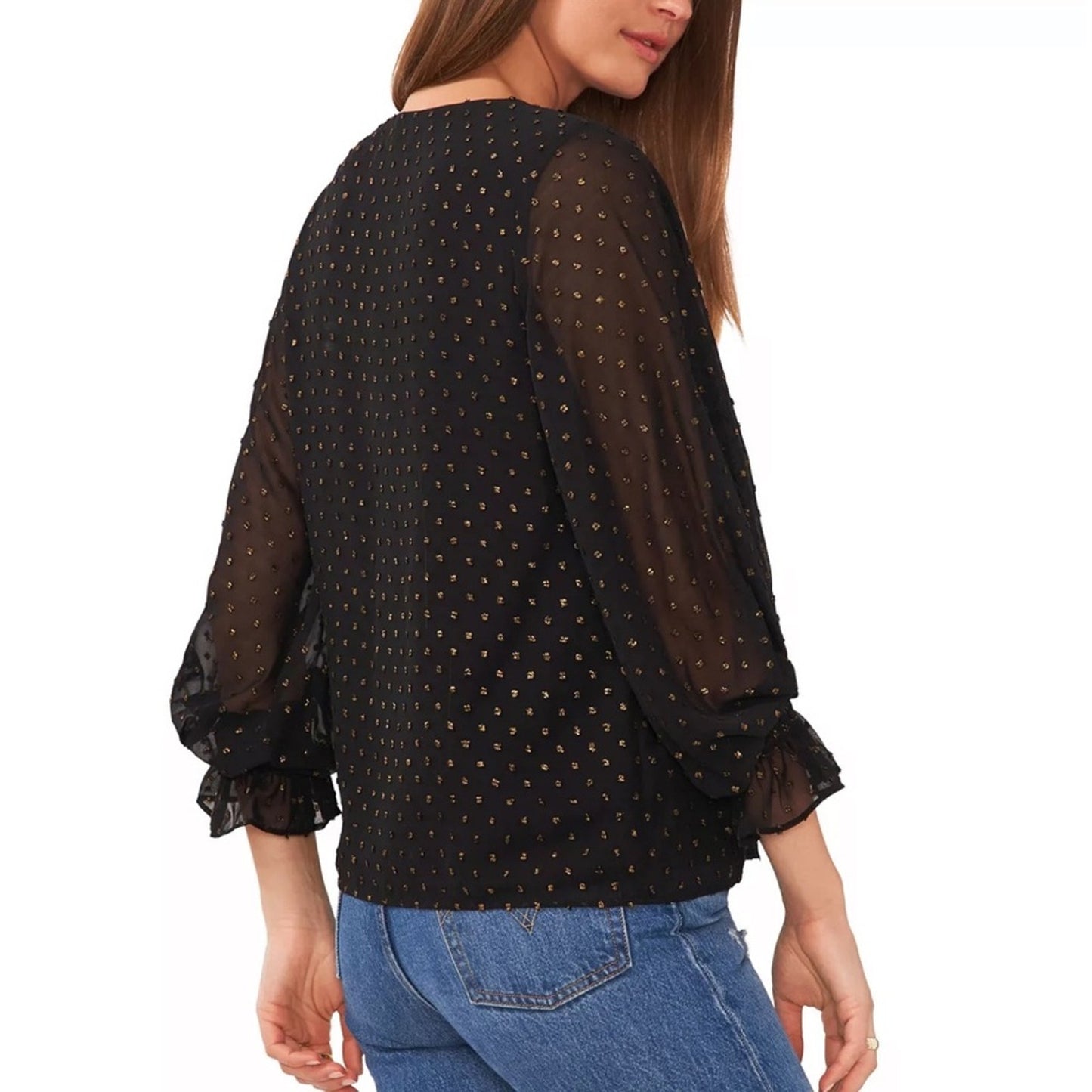 Vince Camuto Black & Gold Polka Dot Blouse w/ Ruffle Sleeves, Textured, NWT