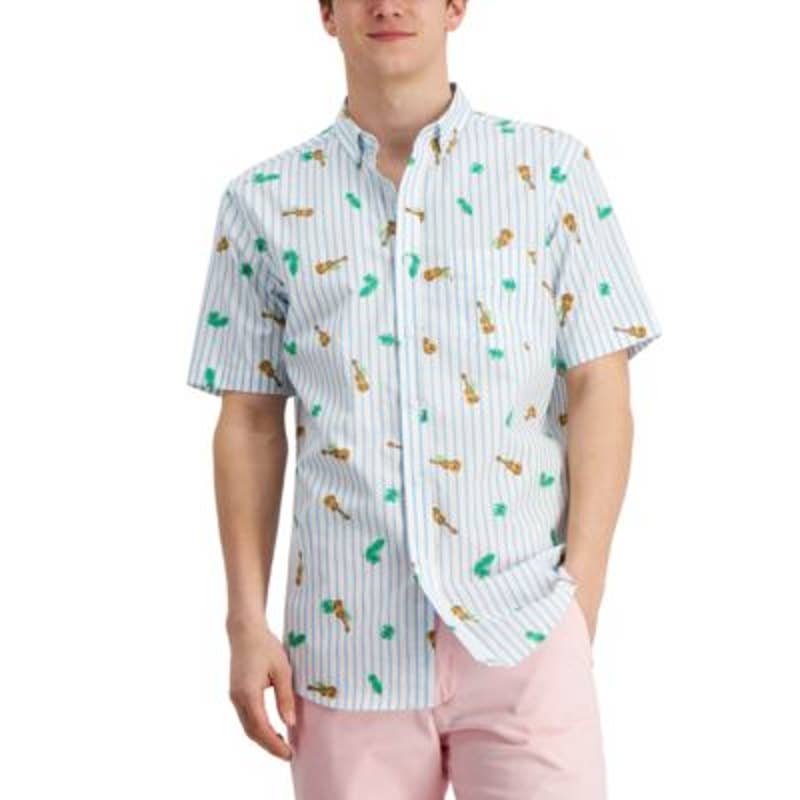 Club Room Men's Regular Fit Striped Ukulele Print Button Down Shirt