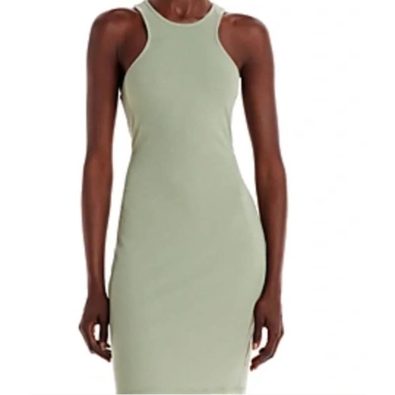 AQUA Ladies Sage Green Racer Ribbed Bodycon Midi Dress