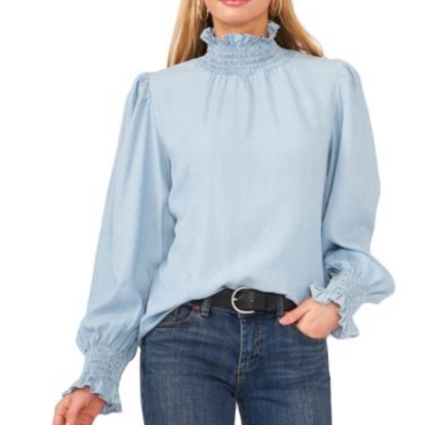 Vince Camuto Light Blue Chambray Turtleneck Blouse, Ruched Cuffs & Neck, NWT